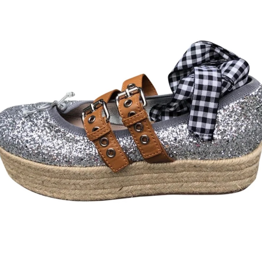 MIU MIU Silver Glitter Platform Espadrille Shoes